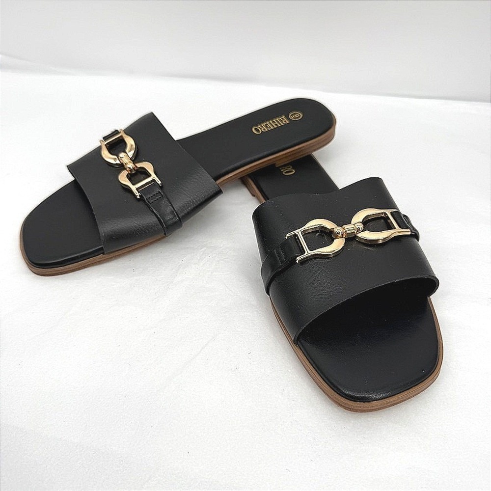 RIHERO Slide Sandals with Buckle Chain Black Gold Casual Summer Sandals Size 9
